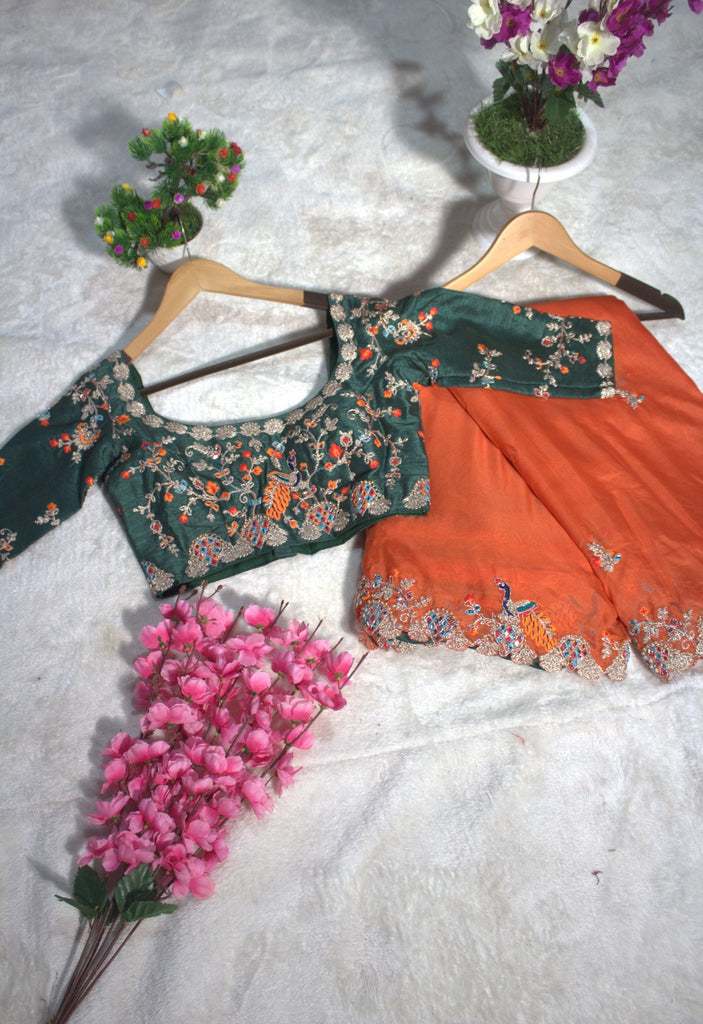 Orange Elegant Organza Saree with Zari, Dori & Real Mirror Work | Unstitched Bangalori Silk Blouse ClothsVilla