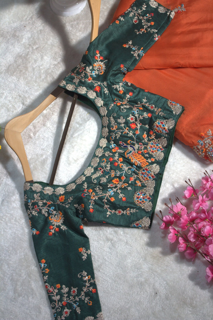 Orange Elegant Organza Saree with Zari, Dori & Real Mirror Work | Unstitched Bangalori Silk Blouse ClothsVilla