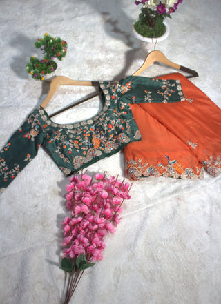 Orange Elegant Organza Saree with Zari, Dori & Real Mirror Work | Unstitched Bangalori Silk Blouse ClothsVilla