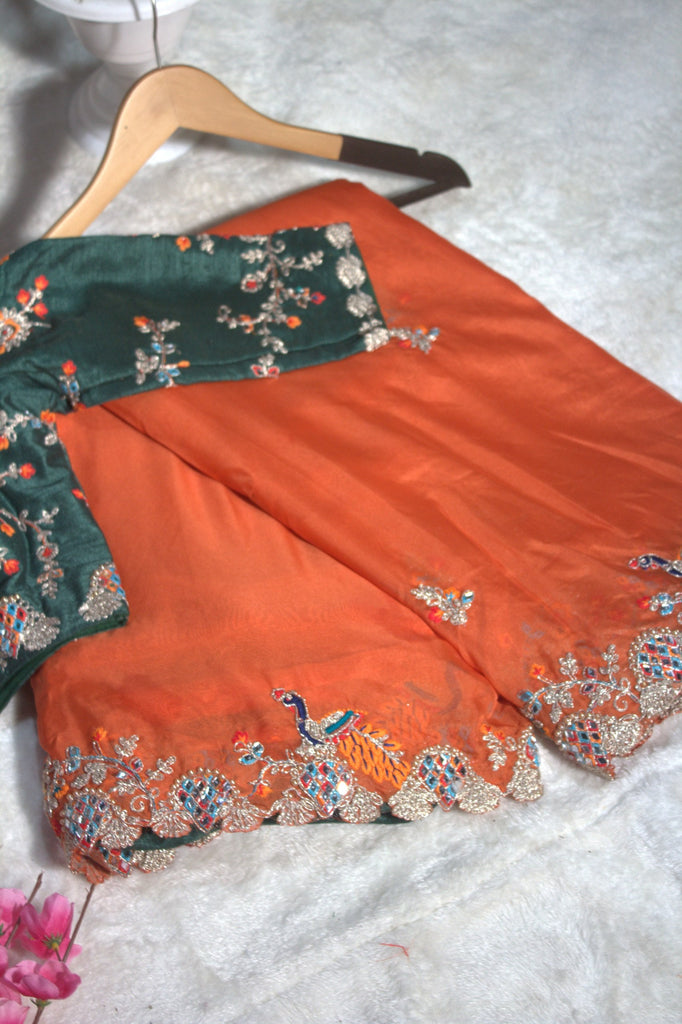 Orange Elegant Organza Saree with Zari, Dori & Real Mirror Work | Unstitched Bangalori Silk Blouse ClothsVilla