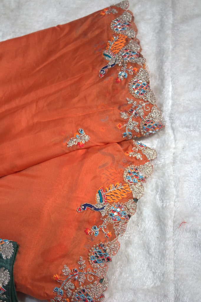 Orange Elegant Organza Saree with Zari, Dori & Real Mirror Work | Unstitched Bangalori Silk Blouse ClothsVilla