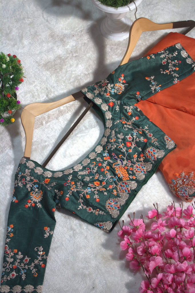 Orange Elegant Organza Saree with Zari, Dori & Real Mirror Work | Unstitched Bangalori Silk Blouse ClothsVilla