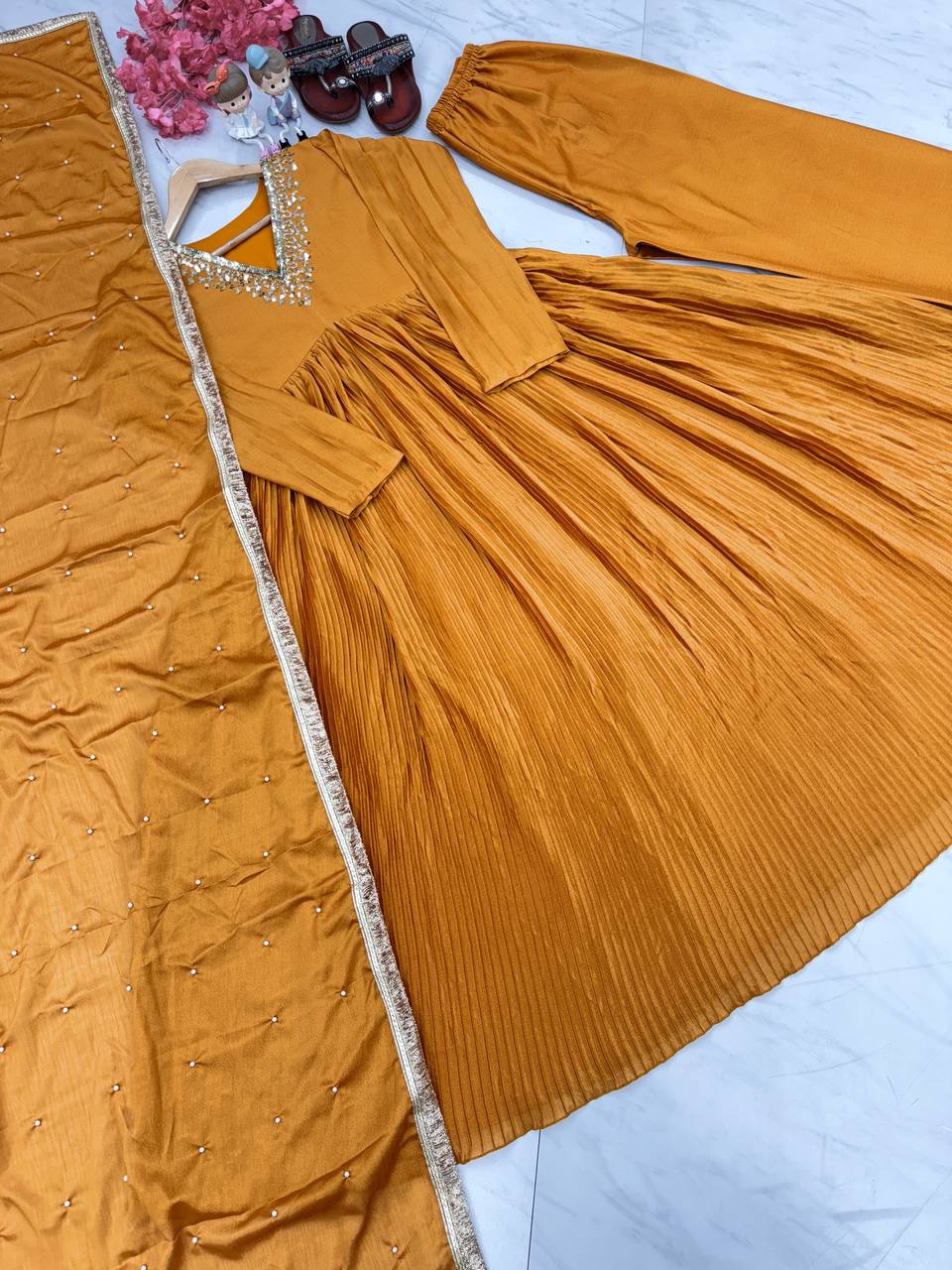 Orange Elegant Party Wear Alia Cut Anarkali Gown Set with Dupatta & Bottom Clothsvilla