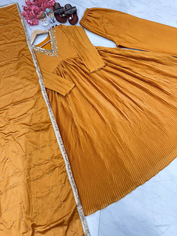 Orange Elegant Party Wear Alia Cut Anarkali Gown Set with Dupatta & Bottom Clothsvilla