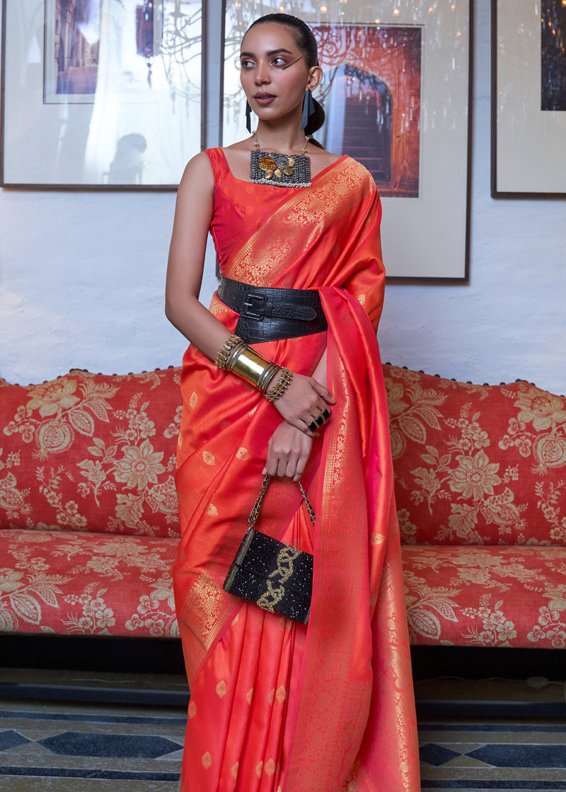 Orange Elegant Printed Chanderi Silk Blend Saree with Tassel Detailing Secondary image
