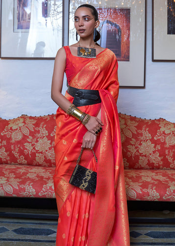 Orange Elegant Printed Chanderi Silk Blend Saree with Tassel Detailing ClothsVilla