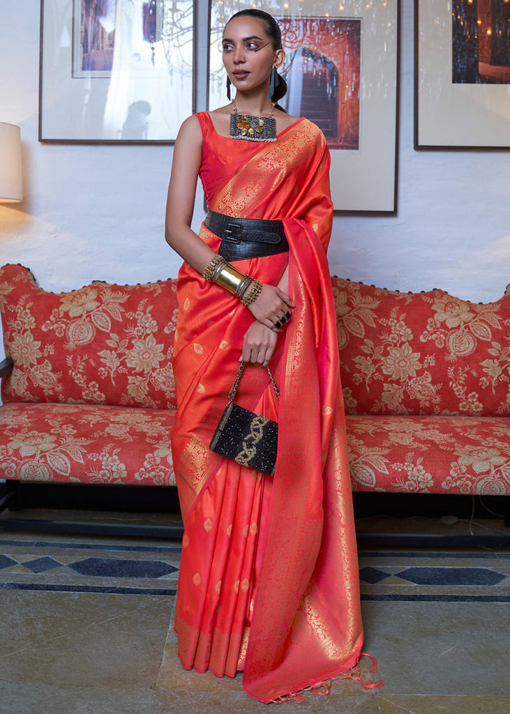 Orange Elegant Printed Chanderi Silk Blend Saree with Tassel Detailing ClothsVilla