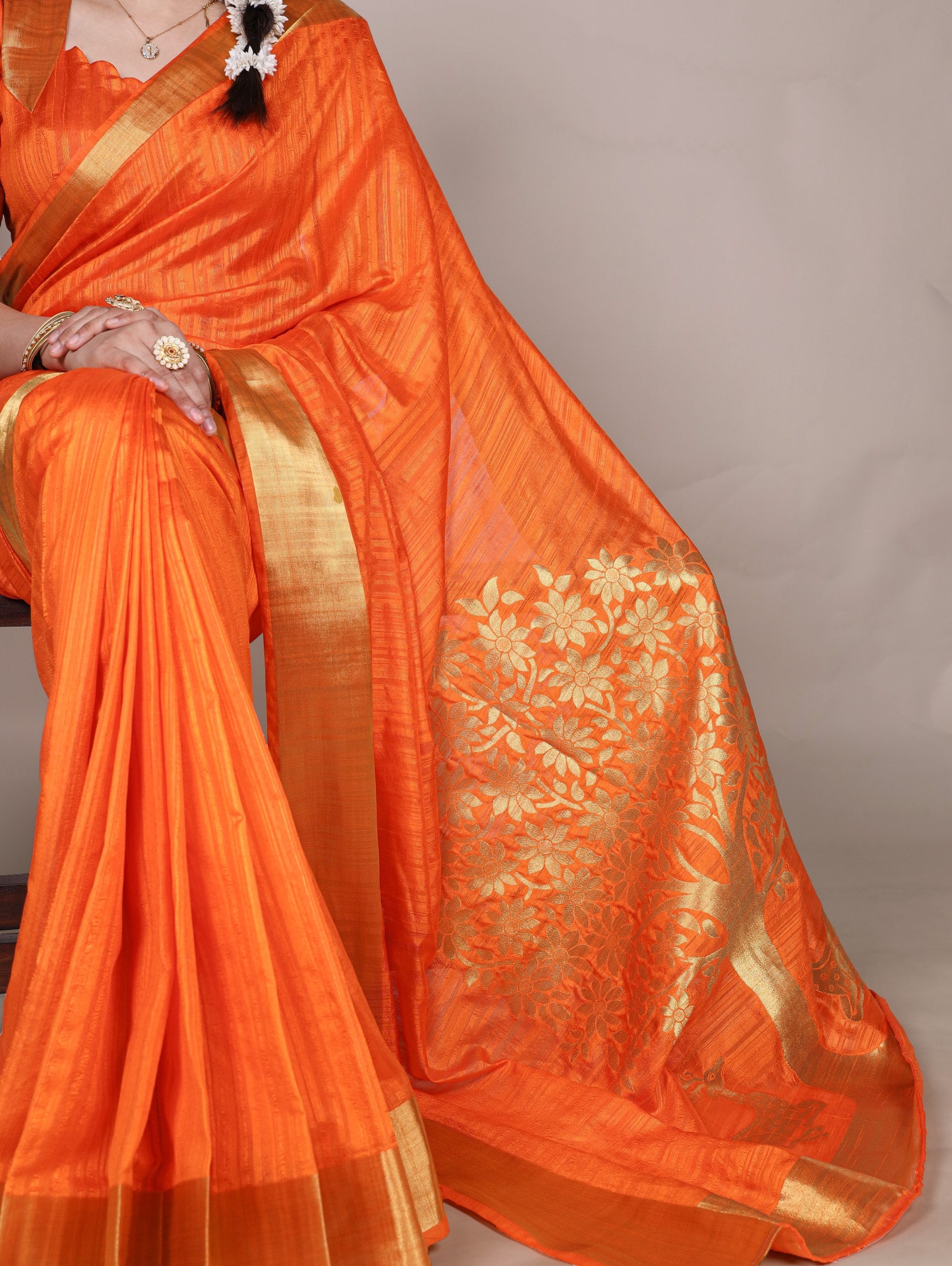 Orange Elegant Raw Silk Saree with Zari Weaving Work Secondary image