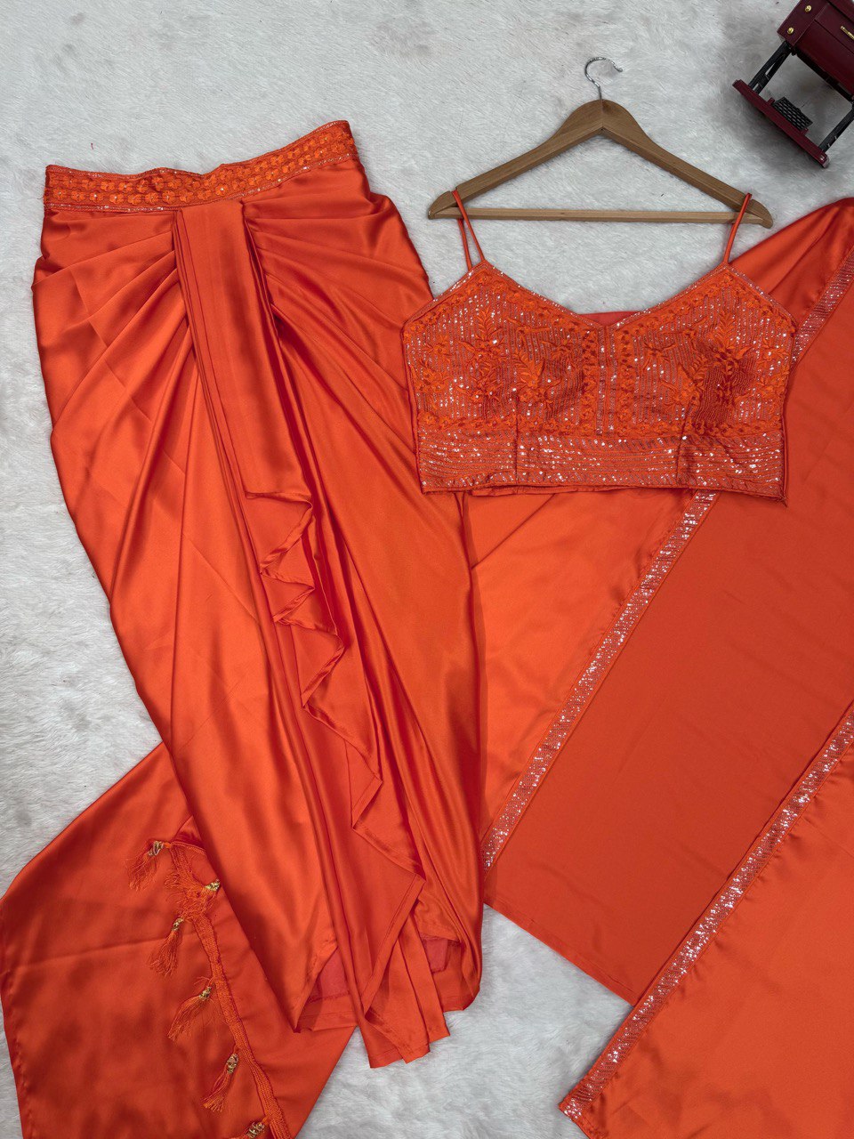 Orange Elegant Ready-to-Wear Dhoti Style Set with Shrug & Unstitched Choli ClothsVilla