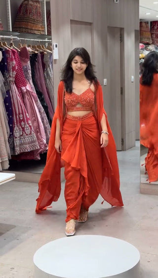 Orange Elegant Ready-to-Wear Dhoti Style Set with Shrug & Unstitched Choli ClothsVilla