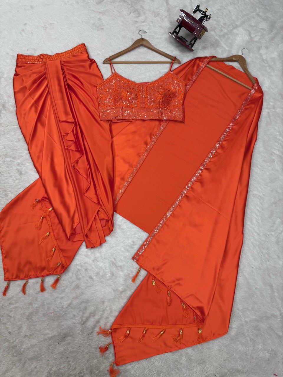 Orange Elegant Ready-to-Wear Dhoti Style Set with Shrug & Unstitched Choli ClothsVilla