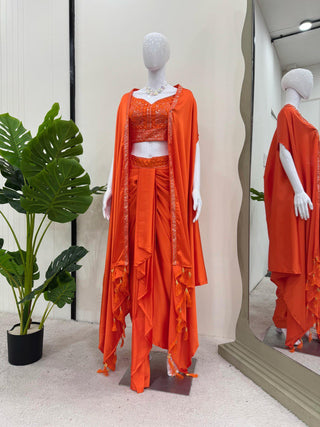Orange Elegant Ready-to-Wear Dhoti Style Set with Shrug & Unstitched Choli ClothsVilla