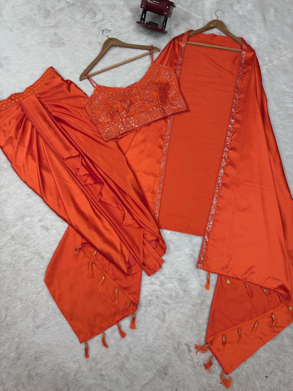 Orange Elegant Ready-to-Wear Dhoti Style Set with Shrug & Unstitched Choli ClothsVilla
