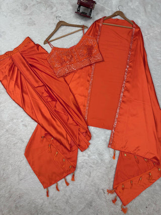 Orange Elegant Ready-to-Wear Dhoti Style Set with Shrug & Unstitched Choli ClothsVilla