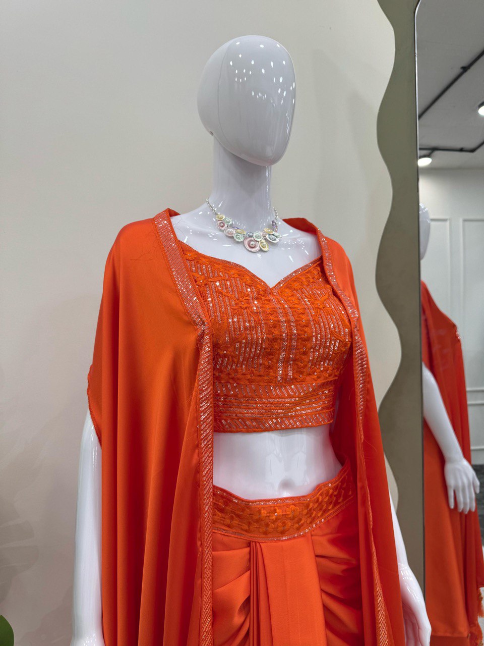Orange Elegant Ready-to-Wear Dhoti Style Set with Shrug & Unstitched Choli ClothsVilla