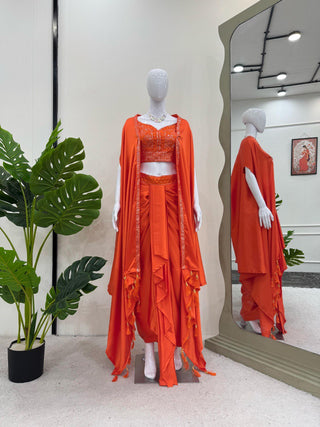 Orange Elegant Ready-to-Wear Dhoti Style Set with Shrug & Unstitched Choli ClothsVilla