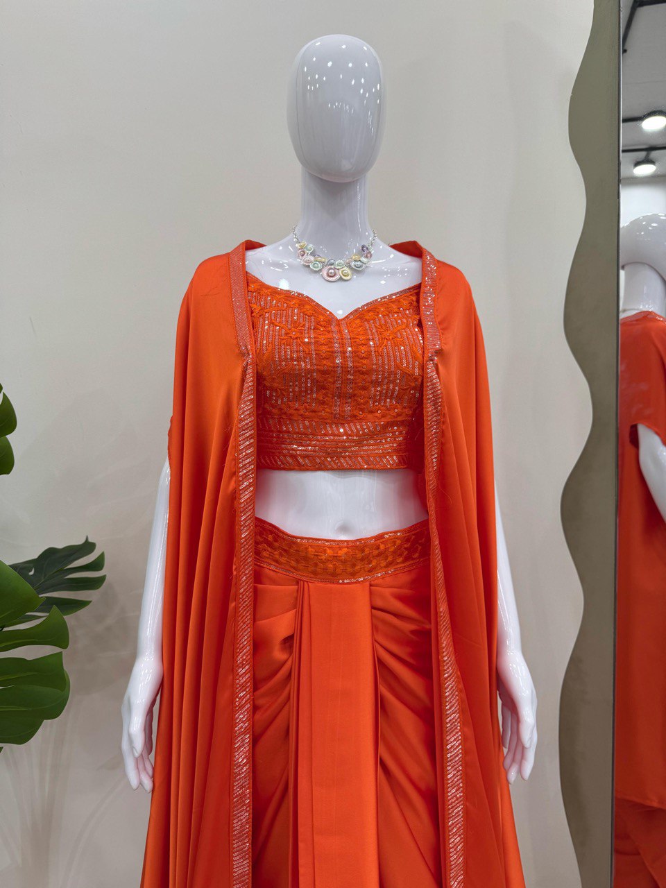 Orange Elegant Ready-to-Wear Dhoti Style Set with Shrug & Unstitched Choli ClothsVilla