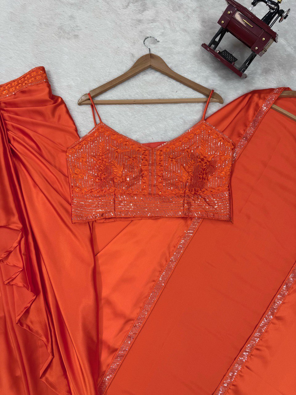 Orange Elegant Ready-to-Wear Dhoti Style Set with Shrug & Unstitched Choli ClothsVilla