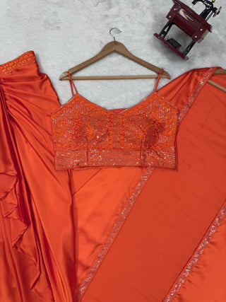 Orange Elegant Ready-to-Wear Dhoti Style Set with Shrug & Unstitched Choli ClothsVilla