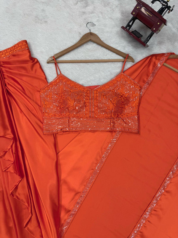 Orange Elegant Ready-to-Wear Dhoti Style Set with Shrug & Unstitched Choli ClothsVilla