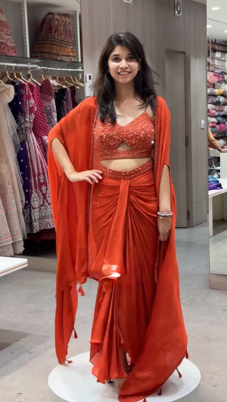 Orange Elegant Ready-to-Wear Dhoti Style Set with Shrug & Unstitched Choli ClothsVilla Main image