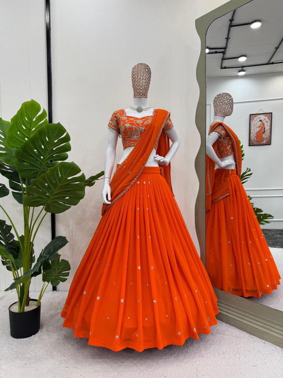 Orange Elegant Ruffle-Style Lehenga Saree with Sequins & Thread Work Main image