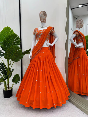 Orange Elegant Ruffle-Style Lehenga Saree with Sequins & Thread Work