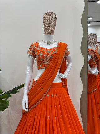 Orange Elegant Ruffle-Style Lehenga Saree with Sequins & Thread Work