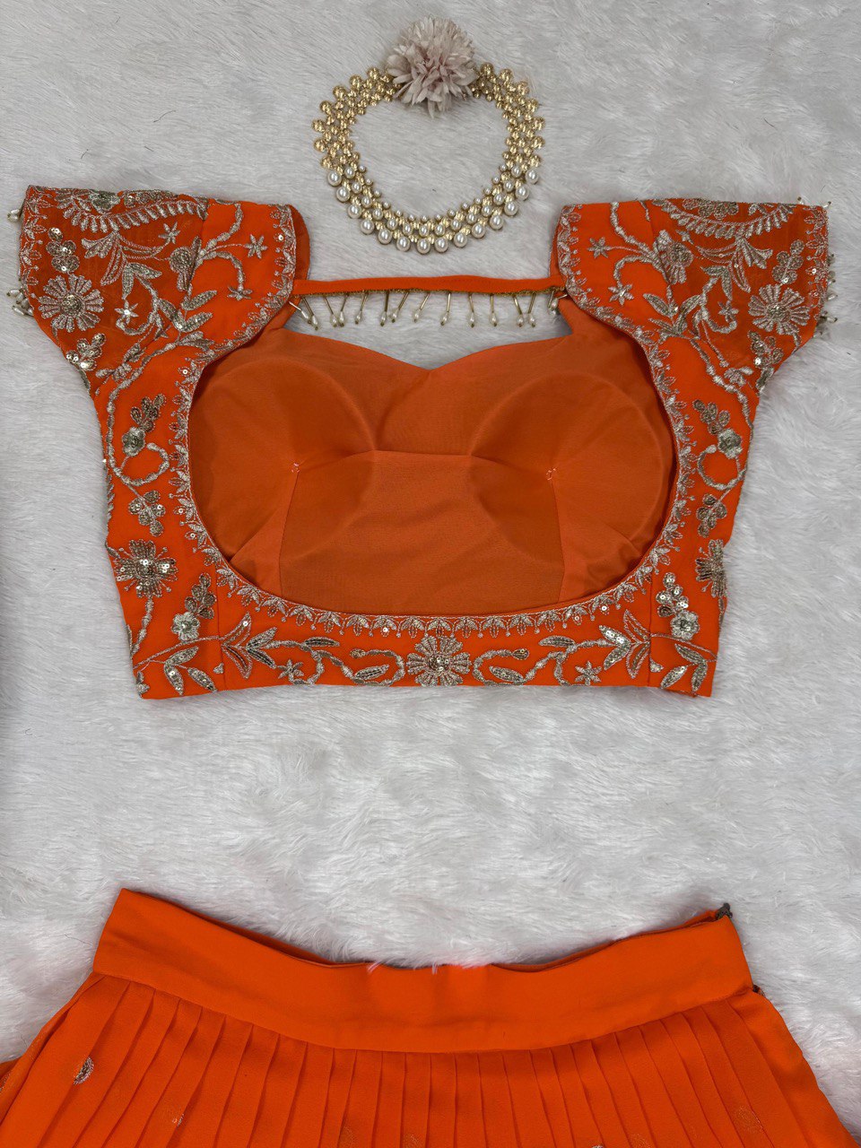 Orange Elegant Ruffle-Style Lehenga Saree with Sequins & Thread Work