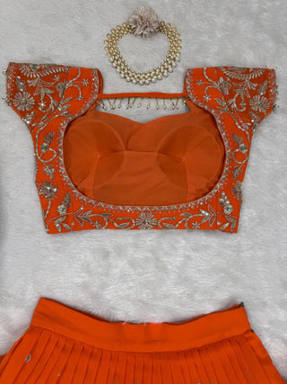Orange Elegant Ruffle-Style Lehenga Saree with Sequins & Thread Work