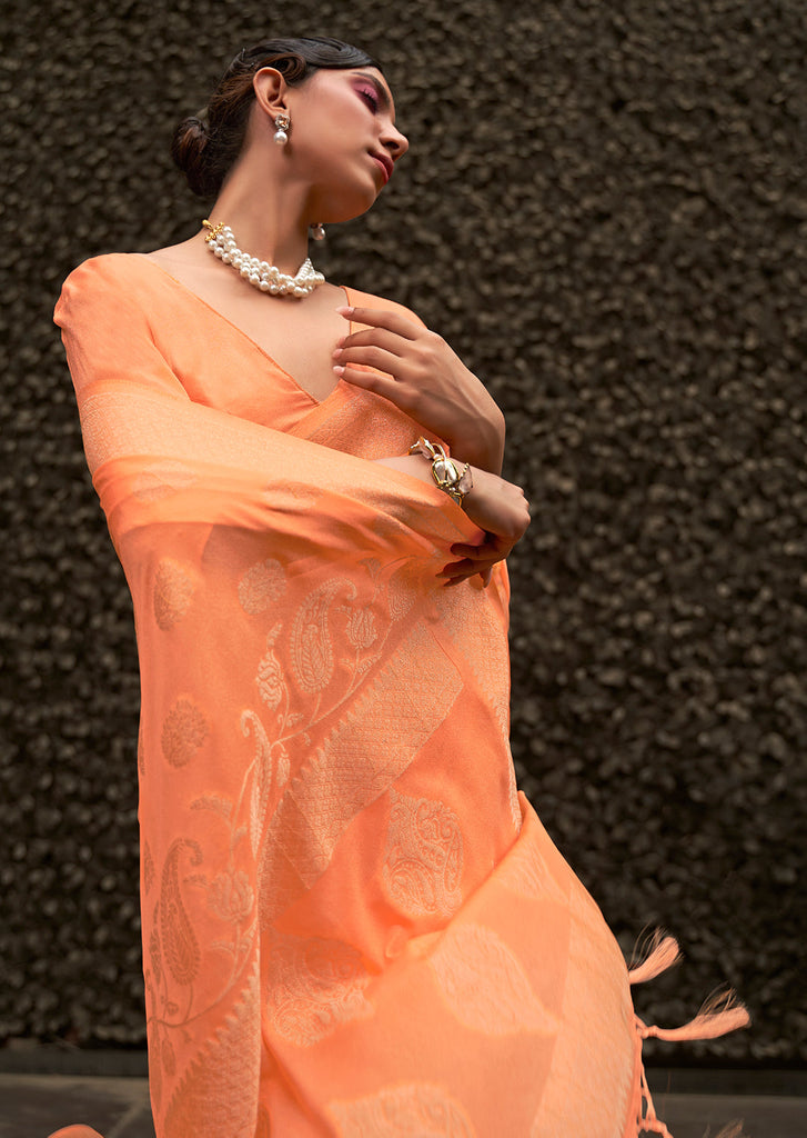 Orange Elegant Silk Blend Banarasi Saree with Unstitched Blouse Piece ClothsVilla