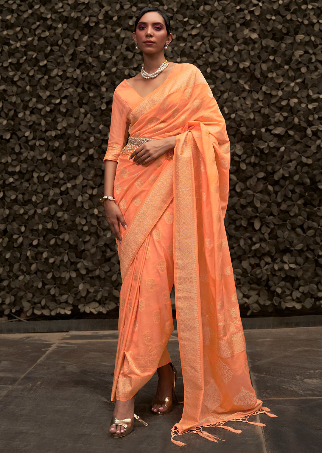 Orange Elegant Silk Blend Banarasi Saree with Unstitched Blouse Piece ClothsVilla Main image