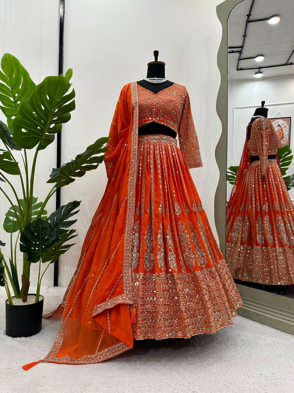 Orange Elegant Spark Semi-Stitched Lehenga Choli Set – Faux Georgette with Thread & Sequin Work ClothsVilla Main image