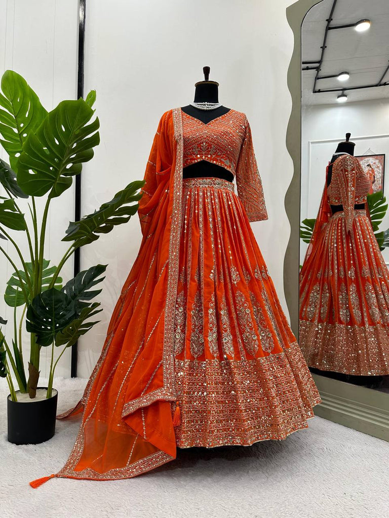 Orange Elegant Spark Semi-Stitched Lehenga Choli Set – Faux Georgette with Thread & Sequin Work ClothsVilla