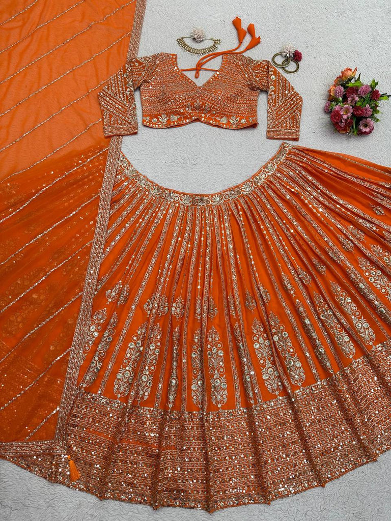 Orange Elegant Spark Semi-Stitched Lehenga Choli Set – Faux Georgette with Thread & Sequin Work ClothsVilla
