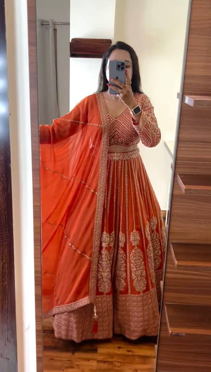 Orange Elegant Spark Semi-Stitched Lehenga Choli Set – Faux Georgette with Thread & Sequin Work ClothsVilla