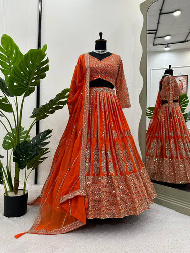 Orange Elegant Spark Semi-Stitched Lehenga Choli Set – Faux Georgette with Thread & Sequin Work ClothsVilla