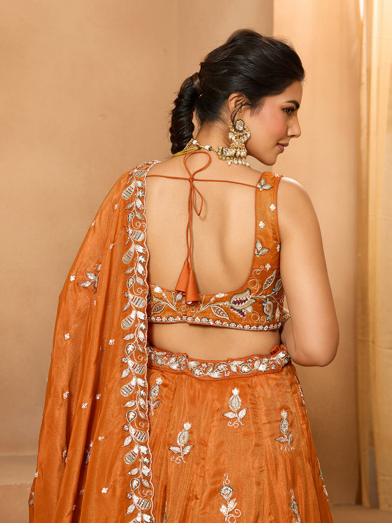 Orange Elegant Tissue Lehenga Choli with Matching Dupatta – Sequins, Stones & Thread Embroidery Festive & Party Wear ClothsVilla