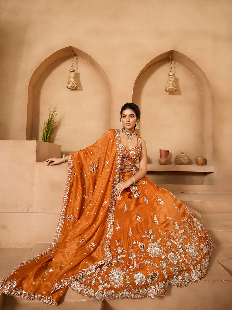 Orange Elegant Tissue Lehenga Choli with Matching Dupatta – Sequins, Stones & Thread Embroidery Festive & Party Wear ClothsVilla
