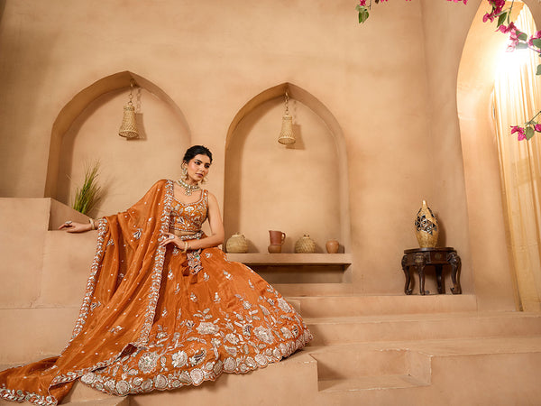 Orange Elegant Tissue Lehenga Choli with Matching Dupatta – Sequins, Stones & Thread Embroidery Festive & Party Wear ClothsVilla