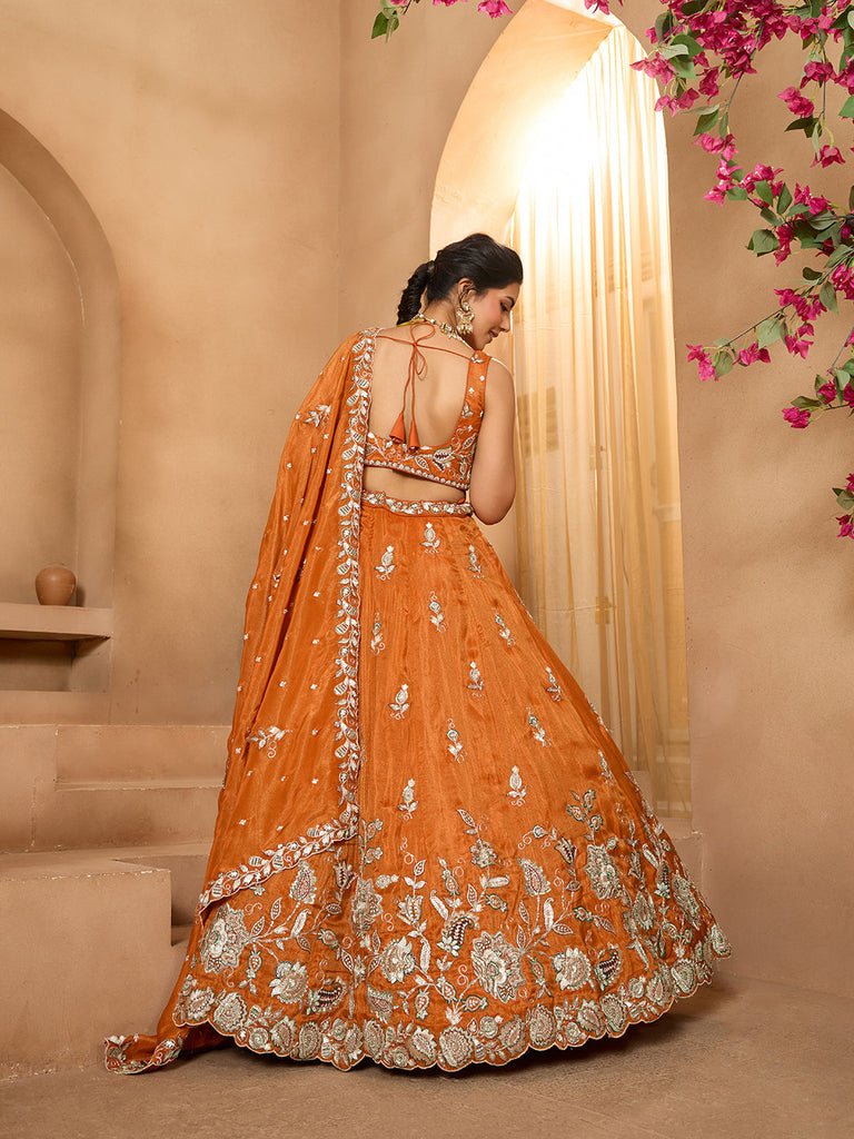 Orange Elegant Tissue Lehenga Choli with Matching Dupatta – Sequins, Stones & Thread Embroidery Festive & Party Wear ClothsVilla