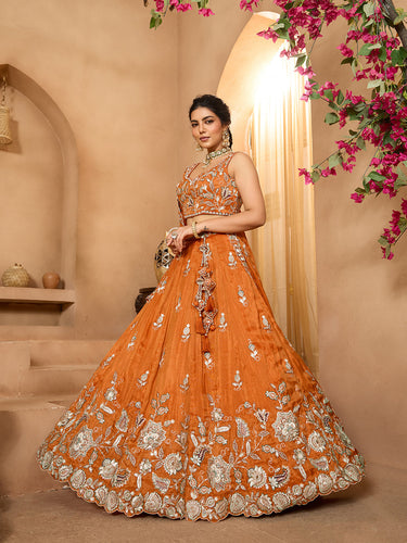 Orange Elegant Tissue Lehenga Choli with Matching Dupatta – Sequins, Stones & Thread Embroidery Festive & Party Wear ClothsVilla