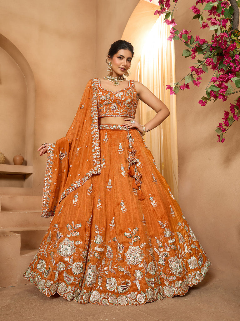 Orange Elegant Tissue Lehenga Choli with Matching Dupatta – Sequins, Stones & Thread Embroidery Festive & Party Wear ClothsVilla