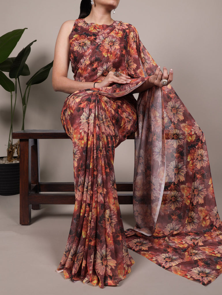 Orange Elegant Weightless Marbal Floral Print Saree with Matching Blouse – Unstitched Ensemble ClothsVilla
