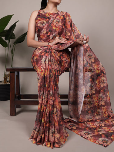 Orange Elegant Weightless Marbal Floral Print Saree with Matching Blouse – Unstitched Ensemble ClothsVilla