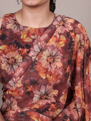 Orange Elegant Weightless Marbal Floral Print Saree with Matching Blouse – Unstitched Ensemble ClothsVilla