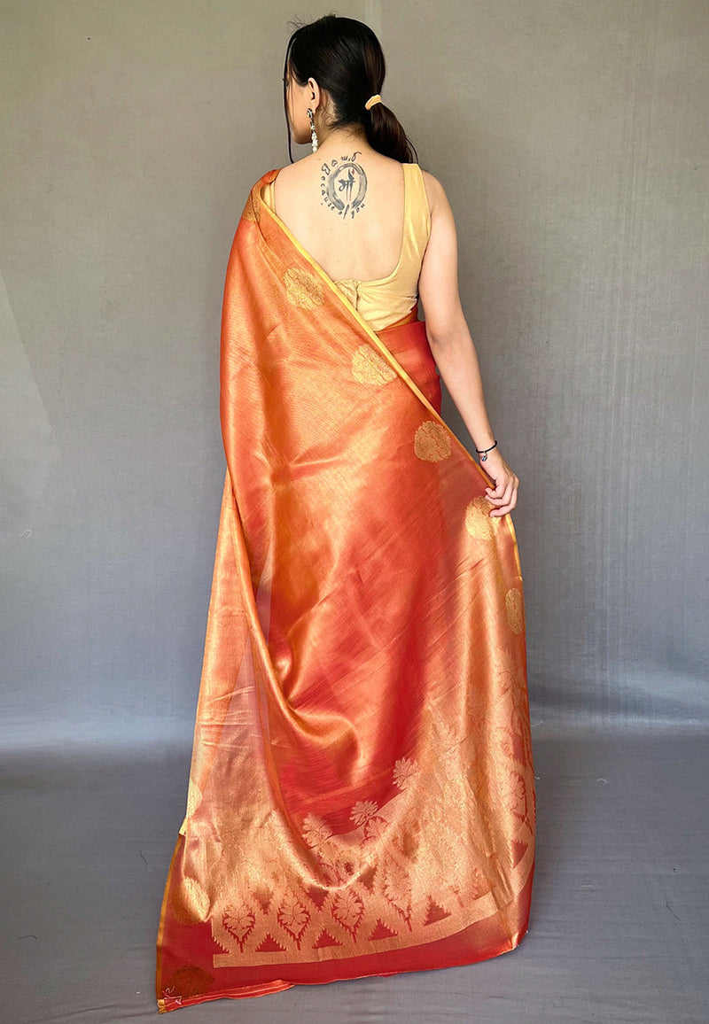 Orange Elegant Woven Tissue Silk Saree with Gold Accents Party & Festive Wear ClothsVilla