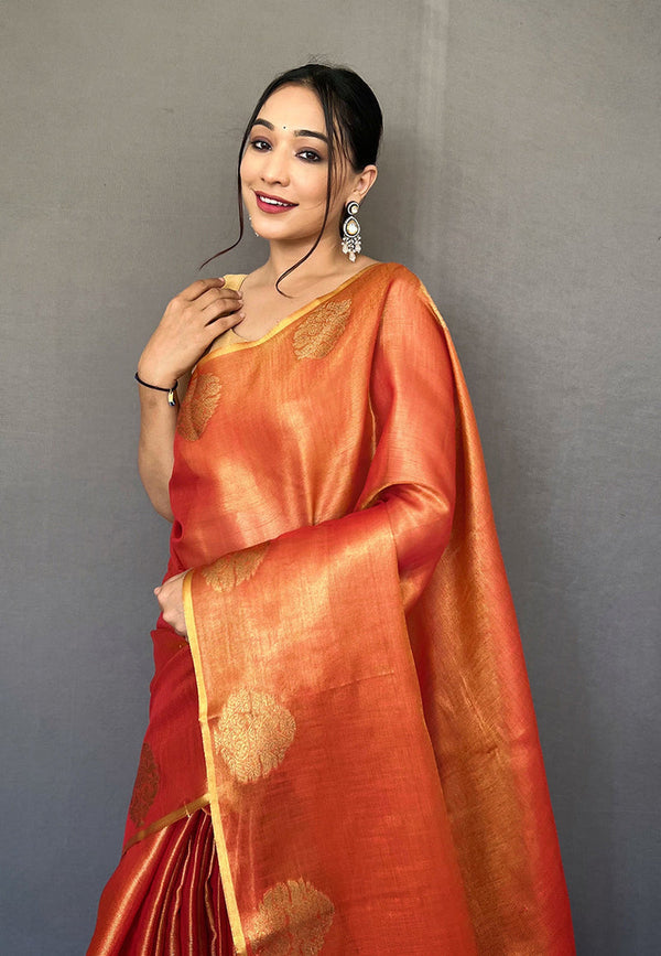 Orange Elegant Woven Tissue Silk Saree with Gold Accents Party & Festive Wear ClothsVilla