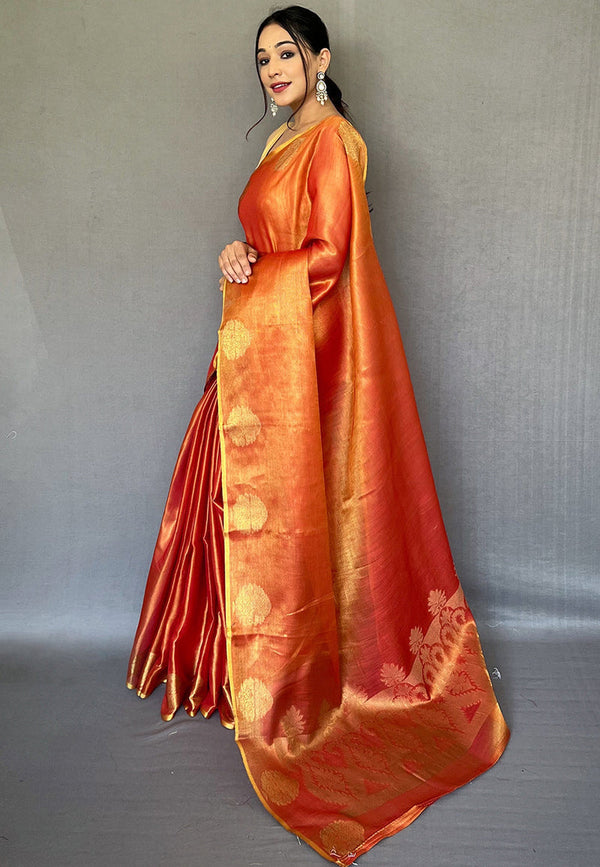 Orange Elegant Woven Tissue Silk Saree with Gold Accents Party & Festive Wear ClothsVilla