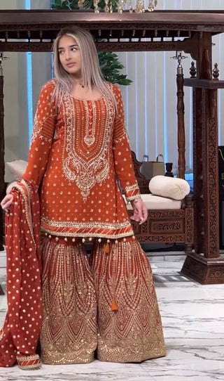 Orange Embroidered Faux Georgette Plazzo Set with Sequins Work & Lace Dupatta ClothsVilla